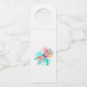 Red dragonfly on watercolor background bottle tag