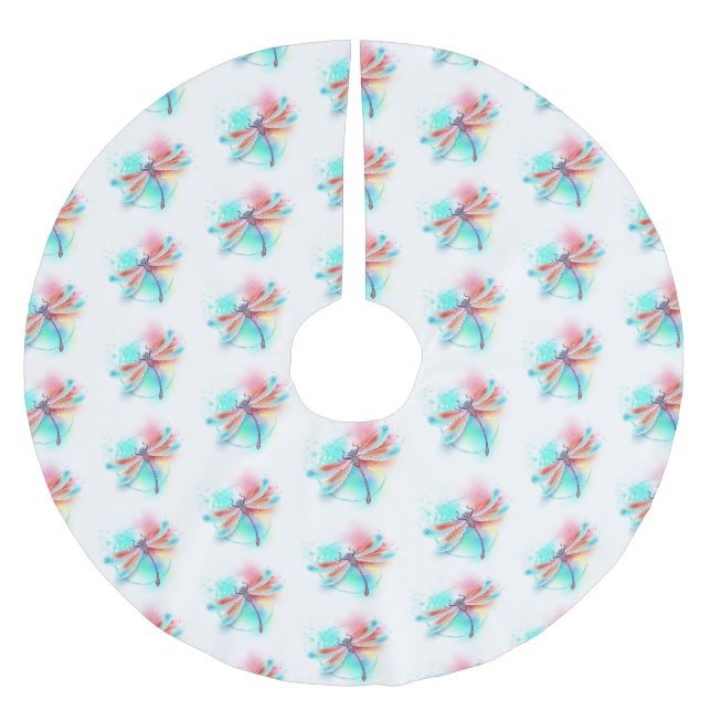 Red dragonfly on watercolor background brushed polyester tree skirt (Front)