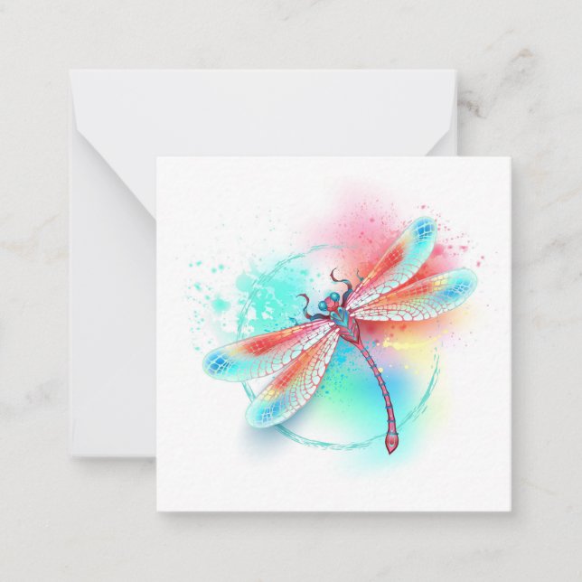 Red dragonfly on watercolor background card (Front)