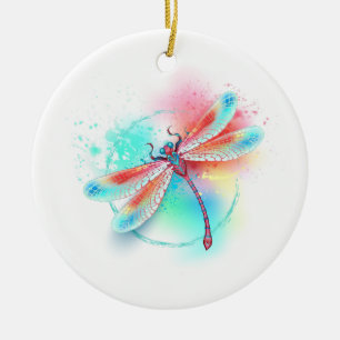 Red dragonfly on watercolor background ceramic tree decoration