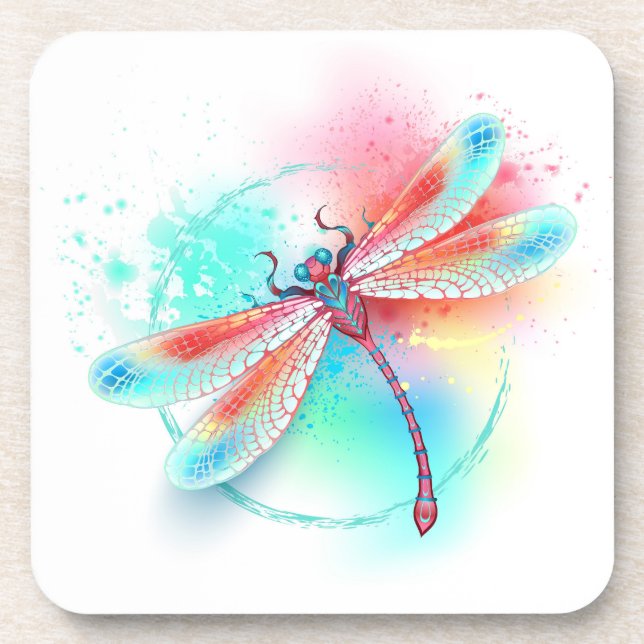Red dragonfly on watercolor background coaster (Front)
