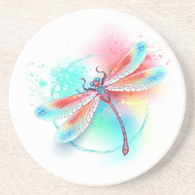 Red dragonfly on watercolor background coaster (Front)