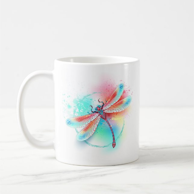 Red dragonfly on watercolor background coffee mug (Left)