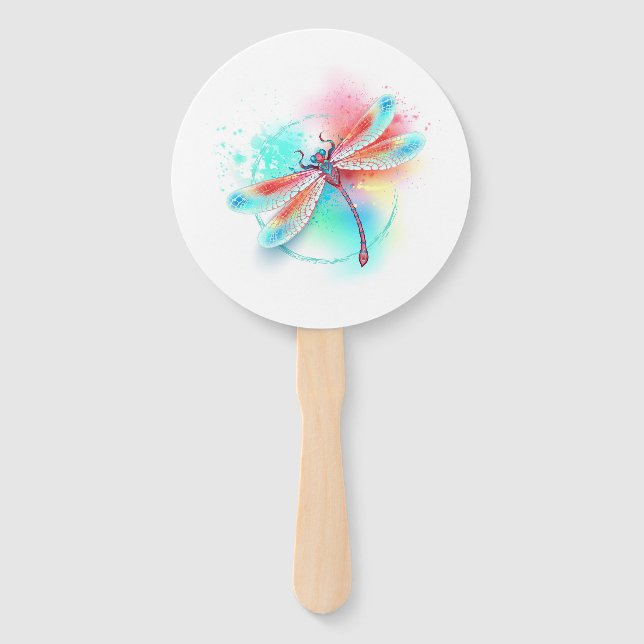 Red dragonfly on watercolor background hand fan (Front)