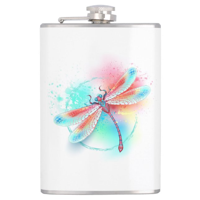 Red dragonfly on watercolor background hip flask (Front)