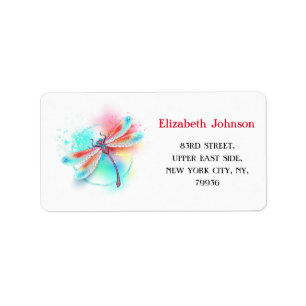 Red dragonfly on watercolor background label