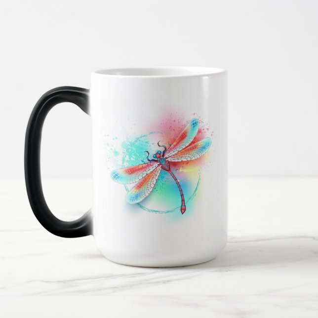 Red dragonfly on watercolor background magic mug (Left)