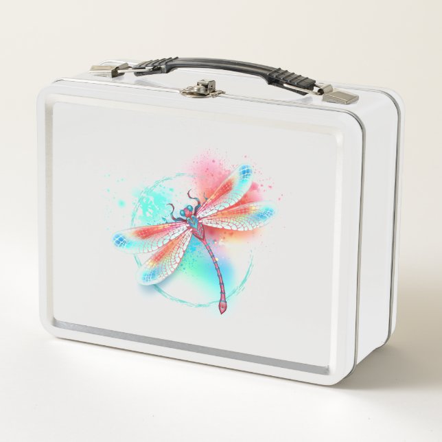 Red dragonfly on watercolor background metal lunch box (Front)