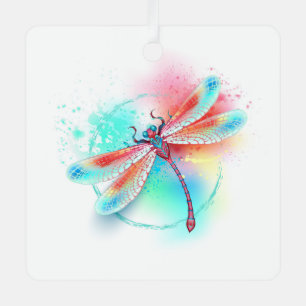Red dragonfly on watercolor background metal tree decoration