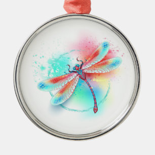 Red dragonfly on watercolor background metal tree decoration