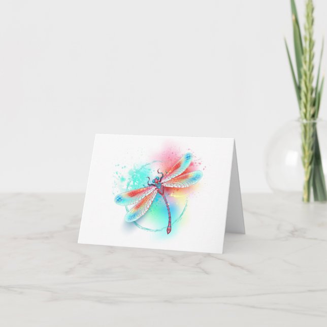 Red dragonfly on watercolor background note card (Front)