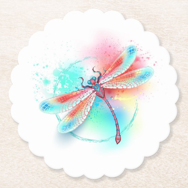 Red dragonfly on watercolor background paper coaster (Front)