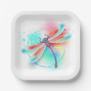 Red dragonfly on watercolor background paper plate