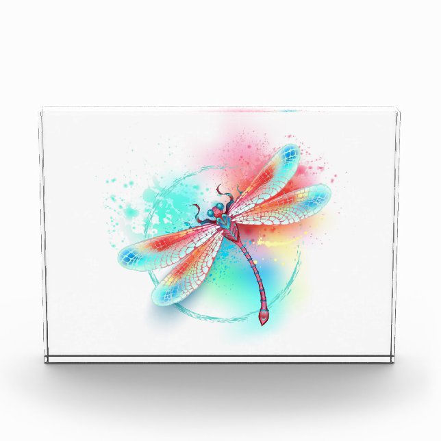Red dragonfly on watercolor background photo block (Front)