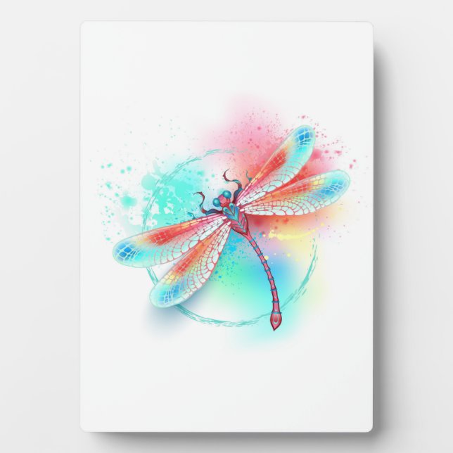 Red dragonfly on watercolor background plaque (Front)