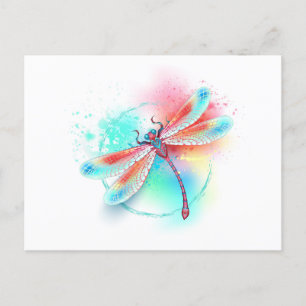 Red dragonfly on watercolor background postcard