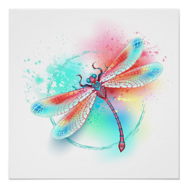 Red dragonfly on watercolor background poster (Front)