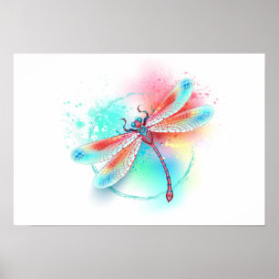Red dragonfly on watercolor background poster