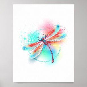 Red dragonfly on watercolor background poster