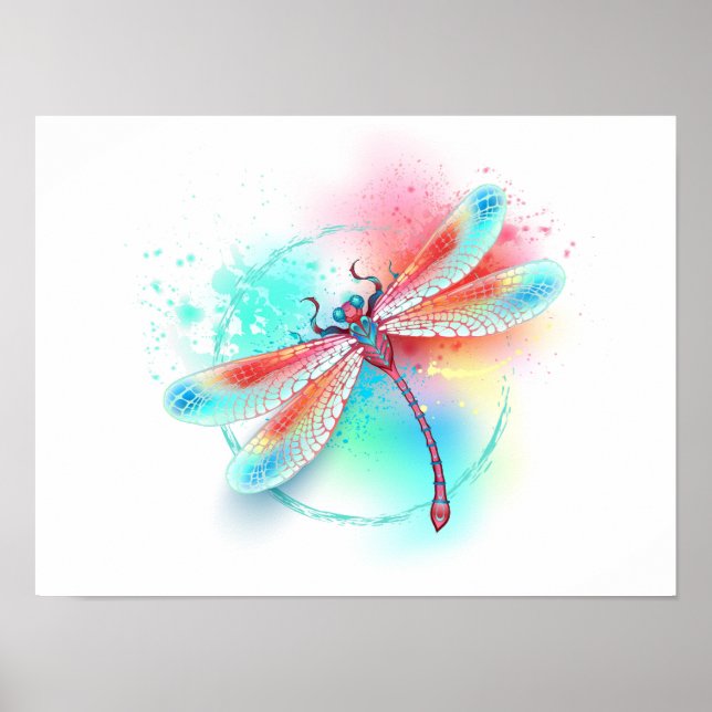 Red dragonfly on watercolor background poster (Front)