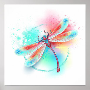 Red dragonfly on watercolor background poster