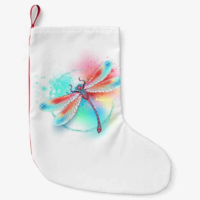 Red dragonfly on watercolor background small christmas stocking (Front)