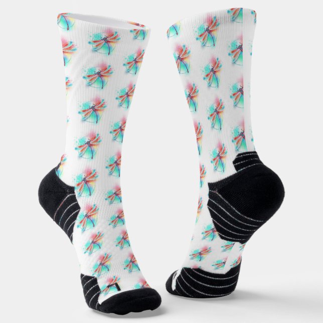 Red dragonfly on watercolor background socks (Angled)