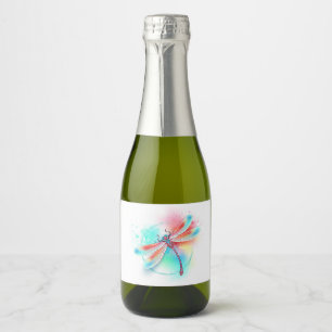 Red dragonfly on watercolor background sparkling wine label