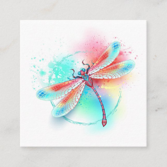 Red dragonfly on watercolor background square business card (Front)