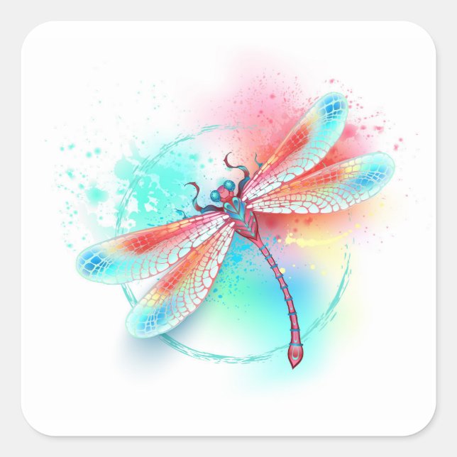 Red dragonfly on watercolor background square sticker (Front)
