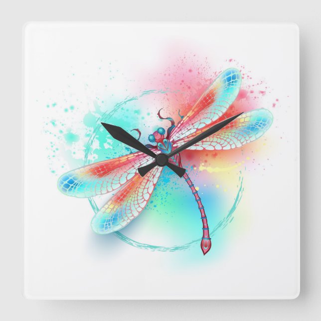 Red dragonfly on watercolor background square wall clock (Front)