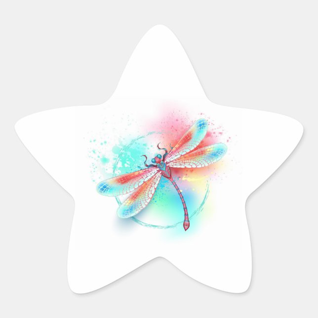 Red dragonfly on watercolor background star sticker (Front)