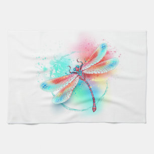 Red dragonfly on watercolor background tea towel