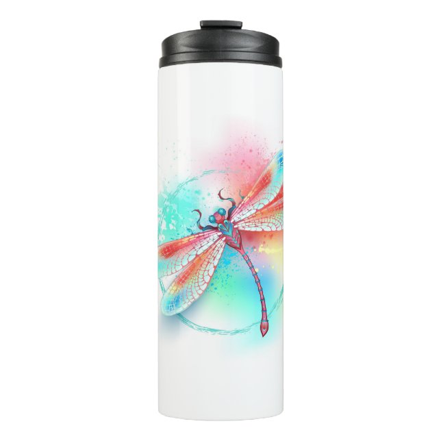 Red dragonfly on watercolor background thermal tumbler (Front)