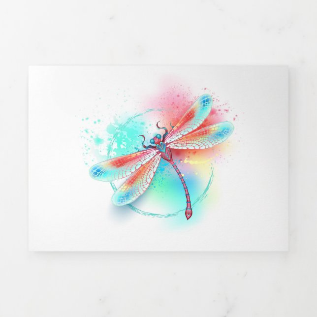 Red dragonfly on watercolor background Tri-Fold holiday card (Cover)
