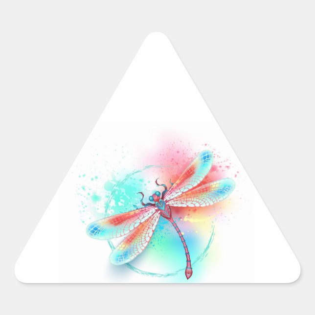 Red dragonfly on watercolor background triangle sticker (Front)