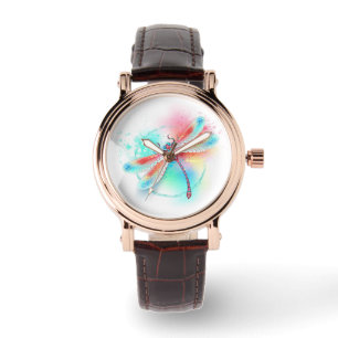 Red dragonfly on watercolor background watch
