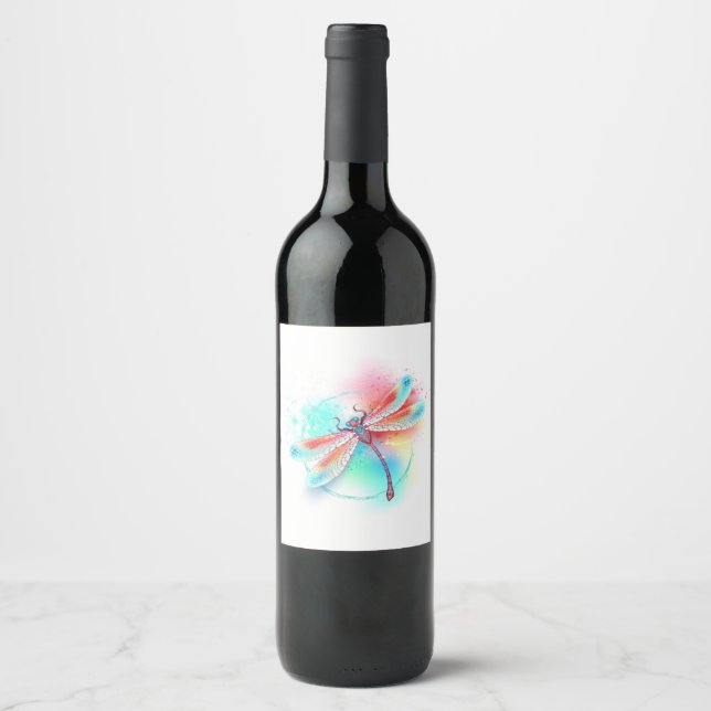 Red dragonfly on watercolor background wine label (Front)
