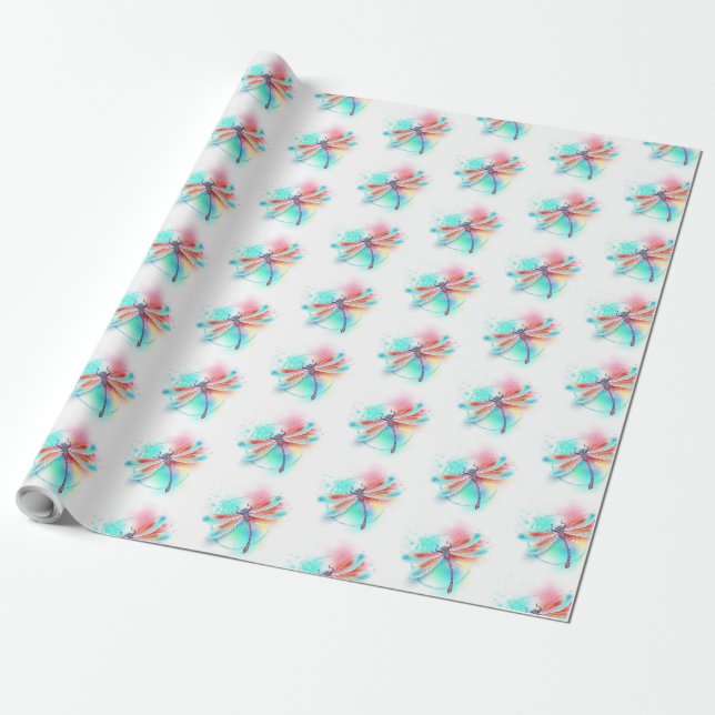Red dragonfly on watercolor background wrapping paper (Unrolled)
