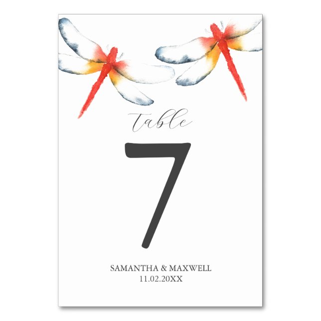 Red Dragonfly Wedding Table Number (Front)