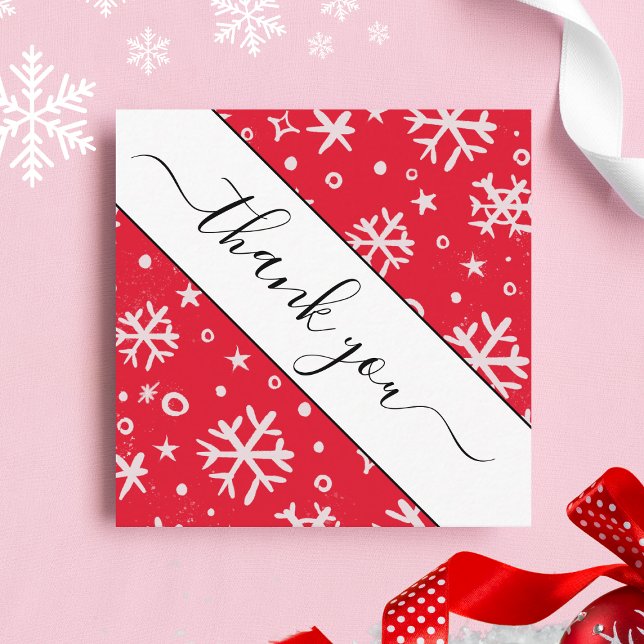 Red Drawn Snowflake Pattern Christmas Thank You Square Business Card (Creator Uploaded)