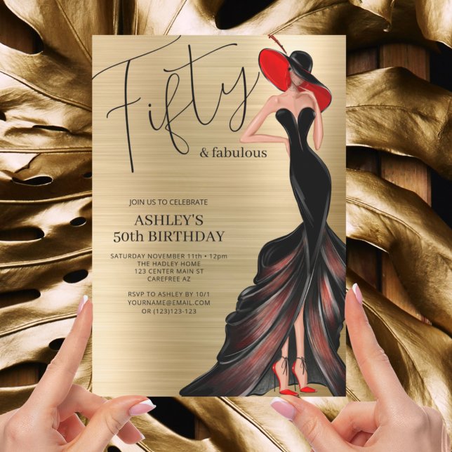Red Dress 50 and Fabulous Gold Birthday Invitation (Creator Uploaded)