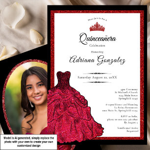 Red Dress and Tiara Custom Photo Quinceanera Invitation