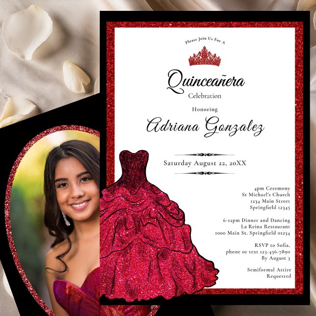 Red Dress and Tiara Custom Photo Quinceanera Invitation (Creator Uploaded)