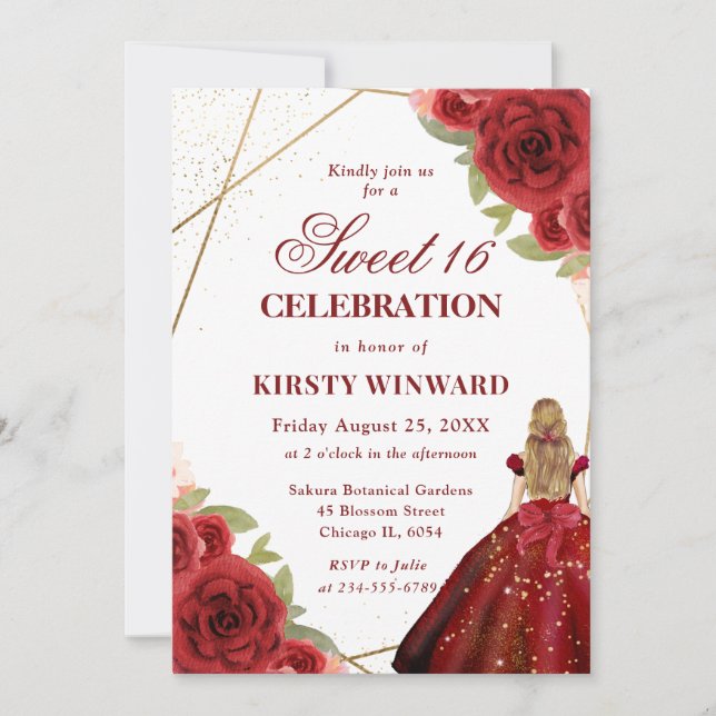 Red Dress Brunette Woman Flowers Sweet 16 Invitation (Front)
