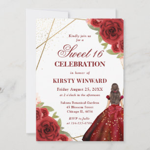 Red Dress Brunette Woman Flowers Sweet 16 Invitation