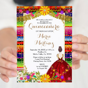 Red Dress Burgundy Colourful Floral Quinceañera  Invitation