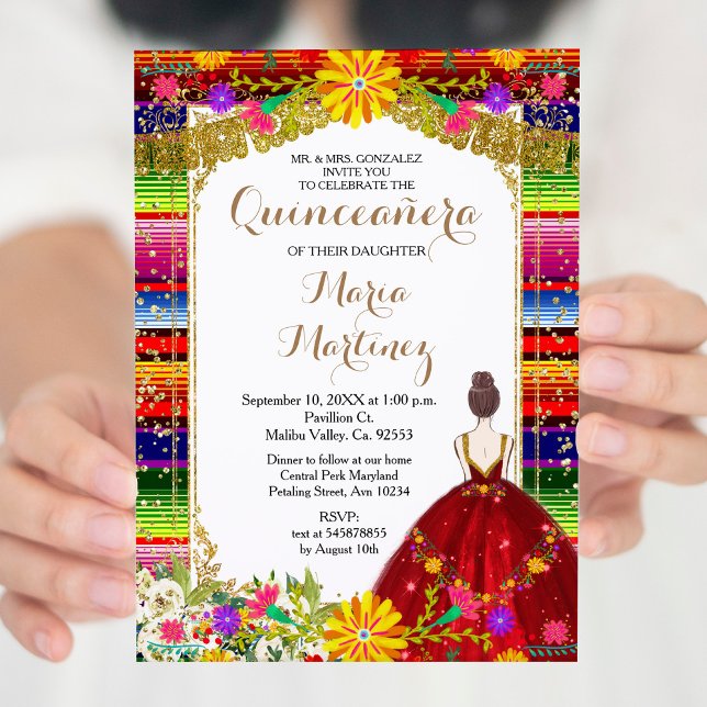 Red Dress Burgundy Colourful Floral Quinceañera  Invitation (Creator Uploaded)