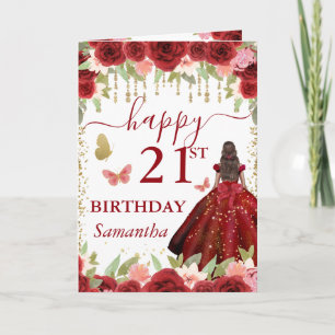 Red Dress Dark Skin Princess Birthday Card