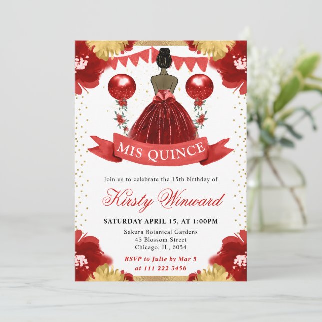 Red Dress Dark Skin Princess Quinceanera Invitation (Standing Front)